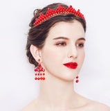Ethnic Gypsy Style with Red Pearl Rhinestones Tiara Earring 2 pcs set