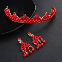 Ethnic Gypsy Style with Red Pearl Rhinestones Tiara Earring 2 pcs set