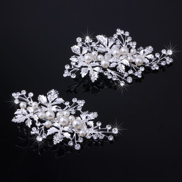 Silver with Pearl Crystal Barrette for Wedding Hair Jewelry (2pcs/set)
